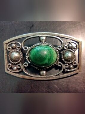 Vintage Marked Sterling 925 Pin/Brooch Made in Mexico Green Gemstone C Clasp